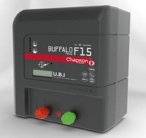 Electrificateur Buffalo F15
L’intelligence et la puissance en toute sécurité
Système bi-advanced : double transformateur qui permet d’avoir une tension max de 15000 V et 3500 V sous 50 O. 15 Joules en 1 seule impulsion. 
5 niveaux d’adaptation pour compenser au plus juste les pertes en ligne. Délivre le maximum de sa puissance dans les conditions les plus extrêmes.
Energie par impulsion : 15 J
Longueur Electrifiée : 400 km – Tension : 15000 V
Consommation : 20 à 64 W maxi
A brancher sur le secteur 220 V
Dimensions : 29x17x29,5 cm





