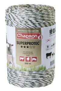 CABLE SUPERPROTEC
BOBINE DE 500 M
1 fil inox 2/100
2 fils cuivre étamés 0,25/100
18 fils PE 40/100 anti-UV
Résistance : 0,20 Ohms/m
Résistance rupture : 68 kgs