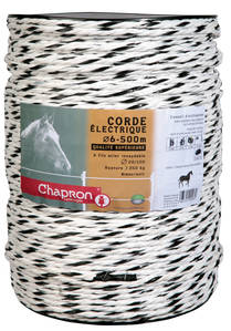 Corde électrique 6 mm - Bobine de 500 m

6 fils inox 20/100
Pe nti-UV
Résistance : 4 Ohms/m
Résistance rupture : 350 kgs