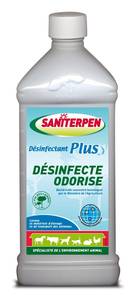 DESINFECTANT BACTERICIDE homologué

Saniterpen Désinfectant Plus est un désinfectant concentré homologué pour traiter l’environnement de vos chiens, chats, chevaux, volailles,...
Saniterpen Désinfectant Plus agit plus spécifiquement contre les bactéries souvent responsables de nombreuses maladies.

Un désinfectant homologué doté d'une agréable odeur de Pin des Landes

Saniterpen Désinfectant Plus remplace très avantageusement les désinfectants dérivés du goudron de houille (crésols, acide crésylique), dont la toxicité n’est pas négligeable et qui laissent une odeur forte mais peu agréable. 
Homologué par le Ministère de l’Agriculture sous le n° 2060195 pour les traitements des logements, des matériels d’élevage et de transport des animaux domestiques, 
Saniterpen Désinfectant Plus est particulièrement adapté à la désinfection des chenils, écuries, poulaillers, clapiers, camions, vans, et laisse une agréable odeur de Pin des Landes, très bien tolérée par les animaux. 

Conseils d'utilisation de Saniterpen Désinfectant Plus :
Pour une utilisation optimale de Saniterpen Désinfectant Plus, commencer par procéder à un nettoyage des surfaces concernées avec le Saniterpen Détergent Surpuissant.
Diluer ensuite le Saniterpen Désinfectant Plus dans de l’eau à la dose de 2% (20cl pour 10L d’eau) pour une odorisation et à la dose de 1% (100ml pour 10L d’eau ou ½  verre pour un seau d’eau) pour une désinfection. 
Puis, appliquer cette émulsion par arrosage, pulvérisation ou trempage. 

Composition & caractéristiques de Saniterpen Désinfectant Plus :
Matières actives : Chlorure d’alkyl diméthyl benzyl ammonium - N°de CAS: 68424-85-1 : 58,6 g / L - Dodécyl dipropylène triamine  - N°de CAS : 2372-82-9 : 9,8 g /L

Aspect : liquide limpide à très légèrement opalescent 
Couleur : ambrée
Odeur : Pin 
Masse volumique (20° C) : 0,980 g/cm3
pH dilué (à 2 %) : 5
Eviter les mélanges avec d’autres produit 
