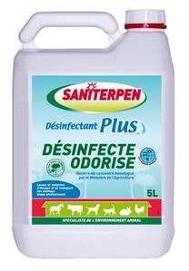 DESINFECTANT BACTERICIDE homologué

Saniterpen Désinfectant Plus est un désinfectant concentré homologué pour traiter l’environnement de vos chiens, chats, chevaux, volailles,...
Saniterpen Désinfectant Plus agit plus spécifiquement contre les bactéries souvent responsables de nombreuses maladies.

Un désinfectant homologué doté d'une agréable odeur de Pin des Landes

Saniterpen Désinfectant Plus remplace très avantageusement les désinfectants dérivés du goudron de houille (crésols, acide crésylique), dont la toxicité n’est pas négligeable et qui laissent une odeur forte mais peu agréable. 
Homologué par le Ministère de l’Agriculture sous le n° 2060195 pour les traitements des logements, des matériels d’élevage et de transport des animaux domestiques, 
Saniterpen Désinfectant Plus est particulièrement adapté à la désinfection des chenils, écuries, poulaillers, clapiers, camions, vans, et laisse une agréable odeur de Pin des Landes, très bien tolérée par les animaux. 

Conseils d'utilisation de Saniterpen Désinfectant Plus :
Pour une utilisation optimale de Saniterpen Désinfectant Plus, commencer par procéder à un nettoyage des surfaces concernées avec le Saniterpen Détergent Surpuissant.
Diluer ensuite le Saniterpen Désinfectant Plus dans de l’eau à la dose de 2% (20cl pour 10L d’eau) pour une odorisation et à la dose de 1% (100ml pour 10L d’eau ou ½  verre pour un seau d’eau) pour une désinfection. 
Puis, appliquer cette émulsion par arrosage, pulvérisation ou trempage. 

Composition & caractéristiques de Saniterpen Désinfectant Plus :
Matières actives : Chlorure d’alkyl diméthyl benzyl ammonium - N°de CAS: 68424-85-1 : 58,6 g / L - Dodécyl dipropylène triamine  - N°de CAS : 2372-82-9 : 9,8 g /L

Aspect : liquide limpide à très légèrement opalescent 
Couleur : ambrée
Odeur : Pin 
Masse volumique (20° C) : 0,980 g/cm3
pH dilué (à 2 %) : 5
Eviter les mélanges avec d’autres produit 
