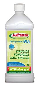 DESINFECTANT VIRUCIDE, FONGICIDE ET BACTERICIDE homologué

Saniterpen Désinfectant 90 est un désinfectant homologué pour l’habitat de vos animaux (chiens, chats, chevaux, volailles, oiseaux, rongeurs) et des véhicules de transport. Bactéricide, virucide et fongicide, 
Saniterpen Désinfectant 90 bénéficie de l’agrément DSV et aide à prévenir des maladies et/ou à limiter leur développement.  

Un désinfectant homologué haute performance
Homologé par le Ministère de l’agriculture et de la pêche sous le N° 2050101  pour les traitements VIRUCIDE, FONGICIDE et BACTERICIDE des logements d’animaux domestiques (étables, écuries, poulaillers, chenils, clapiers,..), des matériels de transport et d’élevage d’animaux domestiques, 
Saniterpen Désinfectant 90 facilite la prévention des maladies en éliminant les micro-organismes (virus, bactéries, champignons) invisibles à l’oeil nu. 

Bénéficiant de l’agrément DSV, Saniterpen Désinfectant 90 est notamment actif sur le virus de la fièvre aphteuse, le virus de l’hépatite canine contagieuse et sur le virus de la maladie de Talfan. 

Conseils d'utilisation de Saniterpen Désinfectant 90 :
Commencer par retirer les animaux. Procéder ensuite à un nettoyage des surfaces concernées pour éliminer les miettes, débris et souillures éventuelles à l’aide du Saniterpen Détergent Surpuissant. 
Appliquer ensuite le Saniterpen Désinfectant 90 et laisser agir. Ne réintroduire les animaux qu’après séchage complet. 

Pour un traitement virucide et fongicide diluer le produit à 2 %  (soit en pulvérisation : 1 L dans 50 L d’eau pour 170 m2).
Pour un traitement bactéricide diluer le produit à 0,5 % (soit en pulvérisation : 1 L dans  200 L d’eau pour 670 m²).
Pour tout traitement avec blanchiment : rajouter 20 à 25 kg de blanc neutre pour 100 L de solution. 

Composition & caractéristiques de Saniterpen Désinfectant 90
Matières actives : Chlorure de didécyl diméthyl ammonium - n°de CAS: 7173-51-5 
Glutaraldéhyde - n°de CAS: 111-30-8 (TP 3 ).

pH pur : 3,6 - pH dilué à 1 % : 3,9
Aspect : liquide limpide 
Couleur : ambrée
Odeur : neutre
Masse volumique (20° C) : 1,02 g/cm3
Utilisez les biocides avec précaution. Avant toute utilisation, lisez l’étiquette et les informations concernant le produit.

Contenance de Saniterpen Désinfectant 90 : flacon 1 litre 
 

