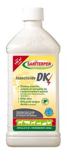 Saniterpen Insecticide DK 
INSECTICIDE Homologué
 
Saniterpen Insecticide DK est un insecticide concentré homologué pour l’habitat de vos animaux et les véhicules et matériels de transport.
Saniterpen Insecticide DK élimine les insectes volants et rampants de l’habitat et de ses abords tout en protégeant les chiens, chats, chevaux, volailles, rongeurs, des nuisances occasionnées par certains parasites (allergies, transmission de maladies, démangeaisons)  

Un insecticide à effet choc
Saniterpen Insecticide DK est un puissant insecticide adulticide et larvicide concentré qui élimine efficacement les insectes grâce à sa double action (par contact et par ingestion). Adulticide et larvicide, son action se prolonge jusqu’à 6 semaines après application. 

Homologué par le Ministère de l’Agriculture sous le n° 80000127, Saniterpen Insecticide DK s’utilise aussi en prévention des maladies transmises par les insectes (ex : leishmaniose) 

Conseils d'utilisation Saniterpen Insecticide DK :
- Traitement par arrosage ou pulvérisation :
Diluer 50 ml de SANITERPEN Insecticide DK dans 0,5 litres d’eau froide pour traiter 9,5 à 10 m². En cas de surfaces poreuses (béton, ciment, terre battue,..), il est recommandé de doubler la quantité d’eau. 
Bien agiter avant l’emploi. Appliquer la solution sur le sol, les murs, le plafond, les contours de fenêtres et de portes. Faire un premier traitement, à renouveler une semaine plus tard puis renouveler l’application toutes les 4 à 6 semaines. 
En période estivale, traiter aux heures les plus fraîches de la journée et en cas de fortes chaleurs, augmenter la fréquence de traitement. 

- Avec blanchiment :
Ajouter 250 g de blanc neutre pour 1 litre de solution insecticide, pour 9,5 à 10 m². 

Composition & caractéristiques de Saniterpen Insecticide DK
Matières actives : Déltaméthrine - n° CAS : 52918-63-5 / 1,88g/L (TP 18)

Aspect : liquide limpide
Couleur : légèrement jaune
Odeur : Pin 
Masse volumique (20° C) : 0,950 g/cm3
pH dilué (à 2 %) : 6,5
Eviter les mélanges avec d’autres produits

Par son pouvoir mouillant, l’huile de Pin permet au Saniterpen Insecticide DK d’avoir une meilleure répartition sur les surfaces à traiter et ajoute un effet de synergie pour l’action insecticide. L’huile de Pin agrémente également l’application grâce à son odeur rémanente. 

Utilisez les biocides avec précaution. Avant toute utilisation, lisez l’étiquette et les informations concernant le produit.

Contenance de Saniterpen Insecticide DK: flacon 1 litre
 

 
 

 

