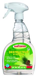 Saniterpen Destructeur d'odeurs
Parfum : Pin des Landes 
 Prêt à l'emploi
 
Saniterpen Destructeur d’odeurs éradique les mauvaises odeurs animales en s’attaquant aux bactéries qui en sont responsables et laisse une agréable odeur de Pin des Landes.  

Un destructeur d'odeurs prêt à l'emploi
Désinfectant puissant, Saniterpen Destructeur d’odeurs détruit les bactéries sources de mauvaises odeurs (NF EN 1276 en 5 min en conditions de saleté) et laisse une odeur fraîche, agréable et durable bien acceptée par les animaux.
Saniterpen Destructeur d’odeurs peut  être utilisé comme produit de complément dans les élevages. 

Conseils d'utilisation de Saniterpen Destructeur d’odeurs
Pulvériser sur les surfaces à traiter à une distance de 10 à 15 cm. Réintroduire les animaux après séchage uniquement. Ne pas pulvériser sur l’animal. Ne pas vaporiser en l’air compte tenu des retombées humides. 

Composition & caractéristiques de Saniterpen Destructeur d’odeurs
Matières actives : Chlorure d'alkyl diméthyl benzyl ammonium - N°de CAS: 68424-85-1 (TP 2)

Aspect : liquide opalescent
Couleur : incolore légèrement jaune
Odeur : Pin
Masse volumique (20° C) : 1,005 g / ml
PH pur : 10,5
Utilisez les biocides avec précaution. Avant toute utilisation, lisez l’étiquette et les informations concernant le produit.

Contenance de Saniterpen Destructeur d’odeurs : Pistolet 750 ml
 

 

 
 

 

