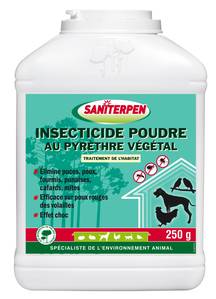 Saniterpen Insecticide Effet Choc PRET A L'EMPLOI
 
Saniterpen Insecticide Poudre au Pyrèthre Végétal s’utilise en désinsectisation de l’habitat et de l’environnement animal. Il est très actif contre les poux, tiques, puces, cafards, mites, punaises,...

Saniterpen Insecticide Poudre au Pyrèthre Végétal est un insecticide au Pin des Landes qui élimine efficacement les insectes grâce à son effet choc. 

Conseils d'utilisation
· Animaux de compagnie : saupoudrer les lieux en assurant une bonne répartition de la poudre sur les endroits de passage, niches
Ne pas utiliser sur et à proximité des animaux à sang froid (poissons, reptiles, batraciens,...)
· Volières et poulaillers : saupoudrer soigneusement nids et planchers.
· Dans la maison : répandre abondamment la poudre insecticide Saniterpen sur les endroits de passage ou envahis par les insectes (placards, penderies, armoires, plinthes, matelas, tapis ...)
· Recommandé en complément d’un traitement antiparasitaire sur l’animal. 
· Particulièrement recommandé en colombophilie 

Composition & caractéristiques du produit
Matières actives : - Pyréthrines et Pyréthroïdes - n° CAS : 8003-34-7 (TP 18)
 - Piperonyl butoxyde - n° CAS : 51-03-6 (TP 18) 

Utilisez les biocides avec précaution. Avant toute utilisation, lisez l’étiquette et les informations concernant le produit.

Boite Poudreuse 250 g
