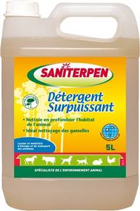 Saniterpen Détergent Surpuissant 5 l

Nettoyant concentré
Saniterpen Détergent Surpuissant nettoie, dégraisse et rénove en profondeur les sols et surfaces de vos chenils, écuries, poulaillers, clapiers, cages, parties communes et véhicules de transport.
Saniterpen Détergent Surpuissant nettoie et dégraisse les locaux, matériels d’élevage et de transport. Grâce à sa formule concentrée, il est efficace même à faible dosage.  
Soluble en eau chaude comme en eau froide, ce dégraissant assure un nettoyage efficace en toutes circonstances
Diluer Saniterpen Détergent Surpuissant dans de l’eau en fonction du degré de salissure.
Pour un usage régulier, diluer 1 à 5 % (soit 80 ml à 400 ml pour 8 litres d’eau en fonction du degré d’encrassement).
Pour un usage curatif, pratiquer un dosage de 5 % (soit 50 ml par litre d’eau à pur) sur les salissures incrustées. Appliquer ensuite cette émulsion manuellement ou à l’aide d’un groupe à pression.
Penser à bien rincer le matériel après utilisation. Pour les zones très encrassées, laisser tremper 5 min.
Composition : Agents de surface non ioniques, savons végétaux, Huile de Pin, sels minéraux et excipients.

Aspect : liquide opalescent
Couleur : jaune-ambrée
Odeur : Pin
Masse volumique (20° C) : 1,015 g / ml
pH pur : 13
pH dilué : 10-11