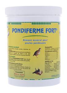 PONDIFERME FORT

Spécialiste de l'alimentation et de la santé de la volaille et du gibier fermiers GAMIFERME a conçu PONDIFERME FORT, un aliment minéral pour les poules pondeuses.

PONDIFERME FORT fait appel à une technique de fabrication unique (semoulette enrobée sèchée)
 			
DESTINATION DE PONDIFERME FORT

Pondeuses

OBJECTIFS NUTRITIONNELS DE PONDIFERME FORT
 	
• Optimisation du taux de ponte de la pondeuse.
• Solidité de la coquille des oeufs.
• Optimisation de la ponte chez les pondeuses
• Emplumement et bon état général de la pondeuse.

 
EMPLOI DE PONDIFERME FORT
 	
A mélanger avec la ration. En continu en période de ponte intensive. A incorporer dans la ration à un taux de 3 à 4 % ou 1.5 à 2 mesures rases par Kg d'aliment ou céréales (1 mesure rase = 20 g).

COMPOSITION DE PONDIFERME FORT

Eléments minéraux (Calcium - Phosphore - Magnésium).
Le Calcium est apporté en totalité par des algues marines pétrifiées.
Oligos éléments Zinc, Cuivre, Manganèse, Fer, Iode, Cobalt, Selenium.
Vitamines A, D3, E, C, Vit groupe B (B1, B2, B3, B6, B12), Vit K3, Vit PP, Vit H.
Acides Folique, Acides Aminés (Lysine Méthionine) + Choline.
 
TENEUR GARANTIE AU KG DE PONDIFERME FORT
 	
Minéraux
Calcium................................................. 22 %
Sodium................................................ 2,6 %
Phosphore.................................................. 3 %
Magnesium................................................ 3,5 %
Oligo-éléments
Fer....................................... 3 200 mg
Zinc.......................................3 400 mg
Manganèse....................................... 3 600 mg
Cuivre.......................................... 850 mg
Cobalt............................................ 25 mg

Iode.......................................... 50 mg
Méthionine........................................... 40 g
Chlor. Choline.............................................. 5 g
L Lysine............................................ 20 g

Vitamines
A............................................. 260 000 UI
D3............................................... 54 000 UI
C................................................. 500 mg
E.................................................. 460 mg
B1................................................... 90 mg
K3................................................... 60 mg

TECHNOLOGIE DE FABRICATION DE PONDIFERME FORT

PONDIFERMEFORT fait appel à une technique de fabrication unique (semoulette enrobée sèchée). Cette technique met en oeuvre du materiel spécifique et plusieurs étapes succéssives (mélange spécial, enrobage, séchage).
Cette technique confère au produit une trés grande richesse (vitamines, oligos éléments, acides aminés, Choline) et trés peu de poussières.
La concentration et l'utilisation sont excellentes et procurent une trés grande éfficacité au produit.
La technologie de fabrication a permis de supprimer les fortes odeurs et d'augmenter l'appétence du produit.
 	 		
PRESENTATION DE PONDIFERME FORT
 	
Boîte de 1 Kg net (avec mesure).
